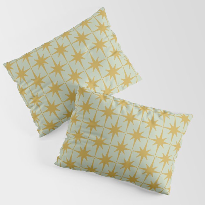 Midcentury Modern Atomic Starburst Pattern in Retro Celadon and Muted Mustard  Pillow Sham Gallery Image 3