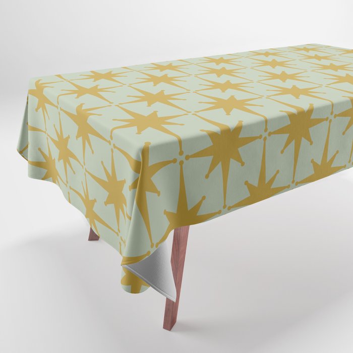Midcentury Modern Atomic Starburst Pattern in Retro Celadon and Muted Mustard  Tablecloth Gallery Image 1