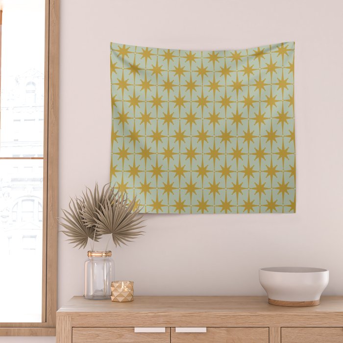 Midcentury Modern Atomic Starburst Pattern in Retro Celadon and Muted Mustard  Wall Tapestry Gallery Image 2