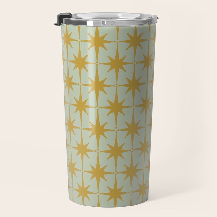 Midcentury Modern Atomic Starburst Pattern in Retro Celadon and Muted Mustard  Travel Mug Gallery Image 3