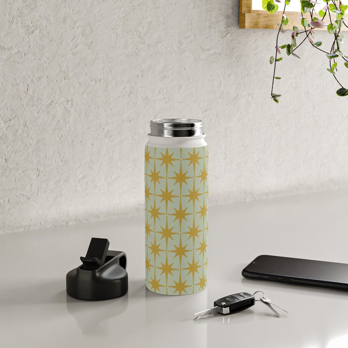Midcentury Modern Atomic Starburst Pattern in Retro Celadon and Muted Mustard  Water Bottle Gallery Image 4
