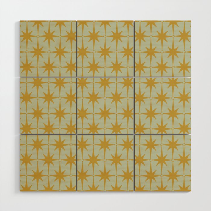 Midcentury Modern Atomic Starburst Pattern in Retro Celadon and Muted Mustard  Wood Wall Art Gallery Image 1