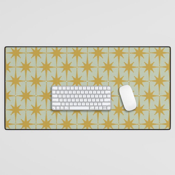 Midcentury Modern Atomic Starburst Pattern in Retro Celadon and Muted Mustard  Desk Mat Gallery Image 1