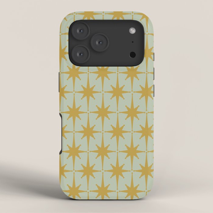 Midcentury Modern Atomic Starburst Pattern in Retro Celadon and Muted Mustard  iPhone Case Gallery Image 3