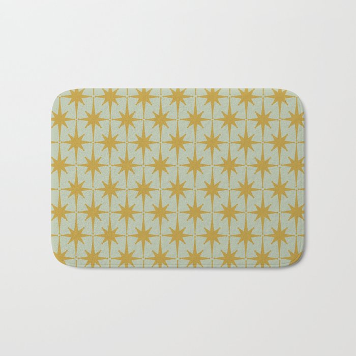 Midcentury Modern Atomic Starburst Pattern in Retro Celadon and Muted Mustard  Bath Mat Gallery Image 1