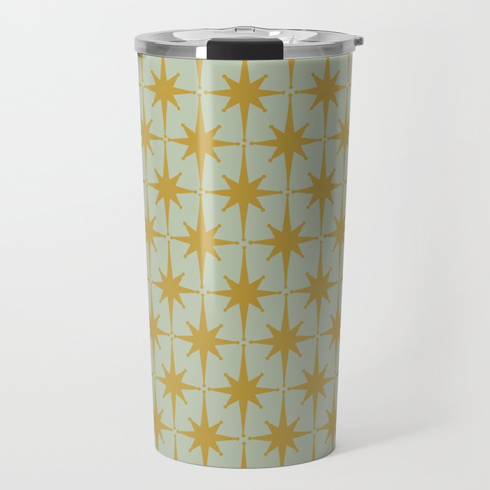Midcentury Modern Atomic Starburst Pattern in Retro Celadon and Muted Mustard  Travel Mug Gallery Image 1
