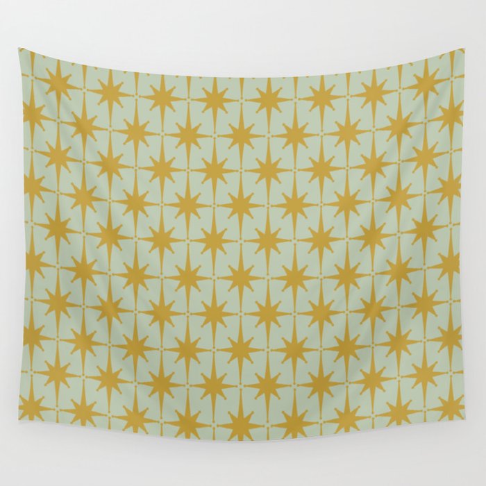 Midcentury Modern Atomic Starburst Pattern in Retro Celadon and Muted Mustard  Wall Tapestry Gallery Image 4