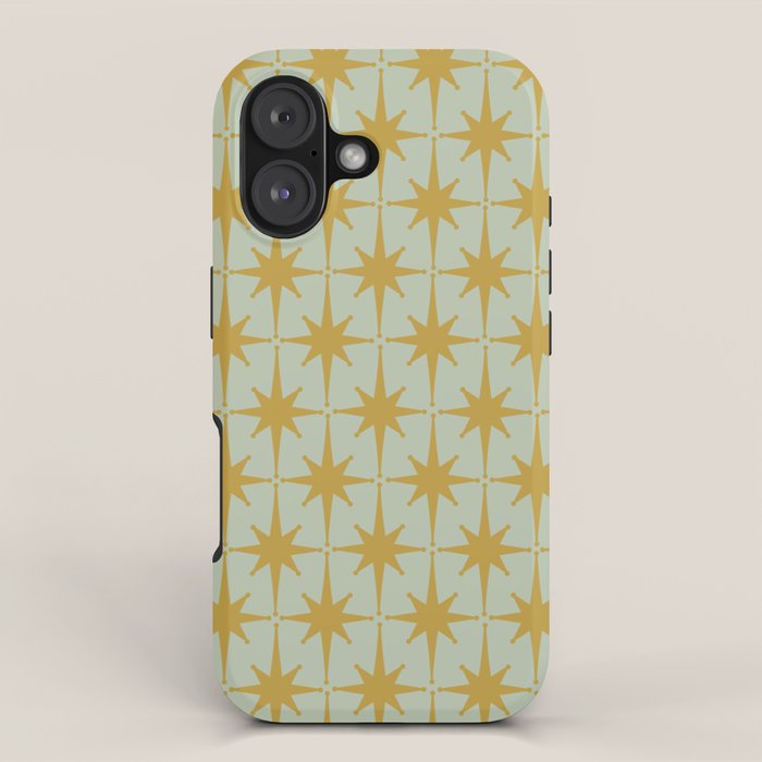 Midcentury Modern Atomic Starburst Pattern in Retro Celadon and Muted Mustard  iPhone Case Gallery Image 1