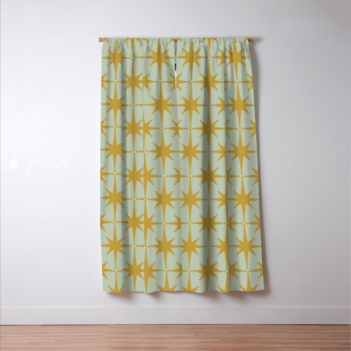 Midcentury Modern Atomic Starburst Pattern in Retro Celadon and Muted Mustard  Window Curtain Gallery Image 3