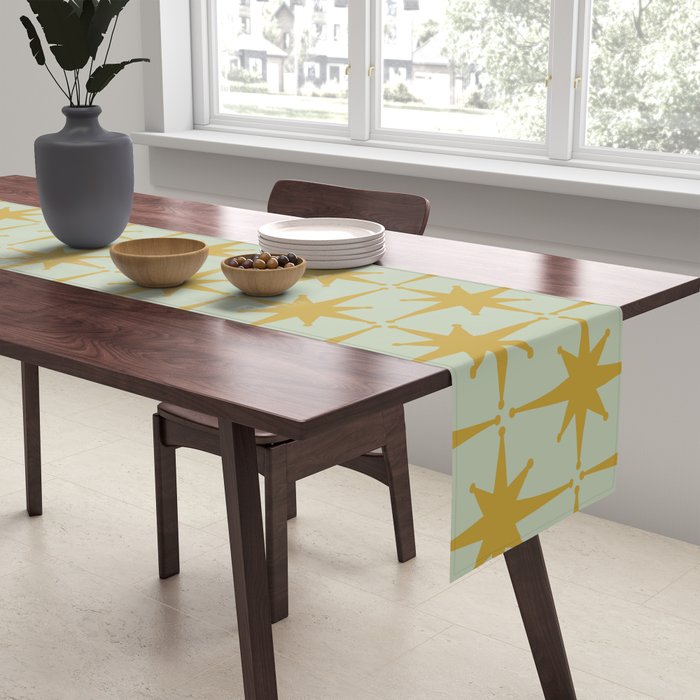 Midcentury Modern Atomic Starburst Pattern in Retro Celadon and Muted Mustard  Table Runner Gallery Image 2