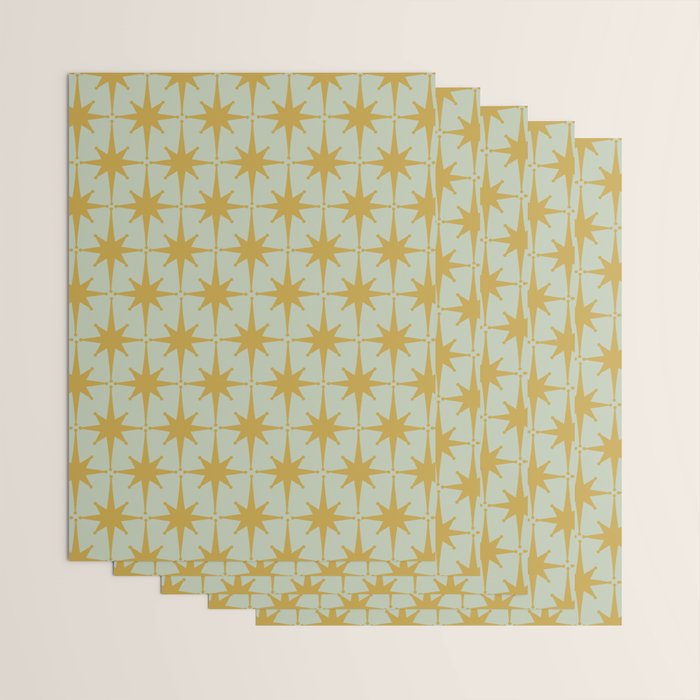 Midcentury Modern Atomic Starburst Pattern in Retro Celadon and Muted Mustard  Wrapping Paper Gallery Image 3