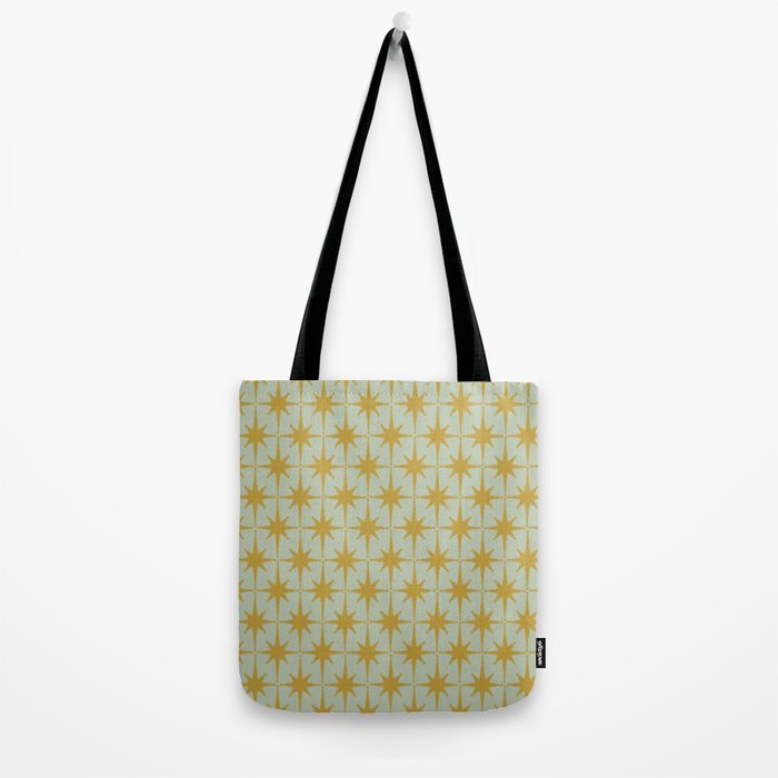 Midcentury Modern Atomic Starburst Pattern in Retro Celadon and Muted Mustard  Tote Bag Gallery Image 2