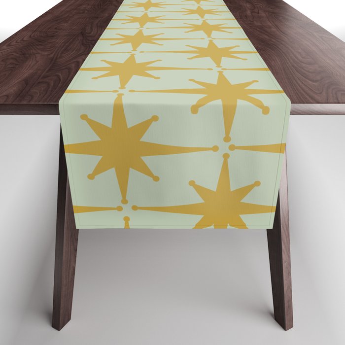 Midcentury Modern Atomic Starburst Pattern in Retro Celadon and Muted Mustard  Table Runner Gallery Image 1