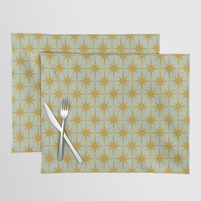 Midcentury Modern Atomic Starburst Pattern in Retro Celadon and Muted Mustard  Placemat Gallery Image 1
