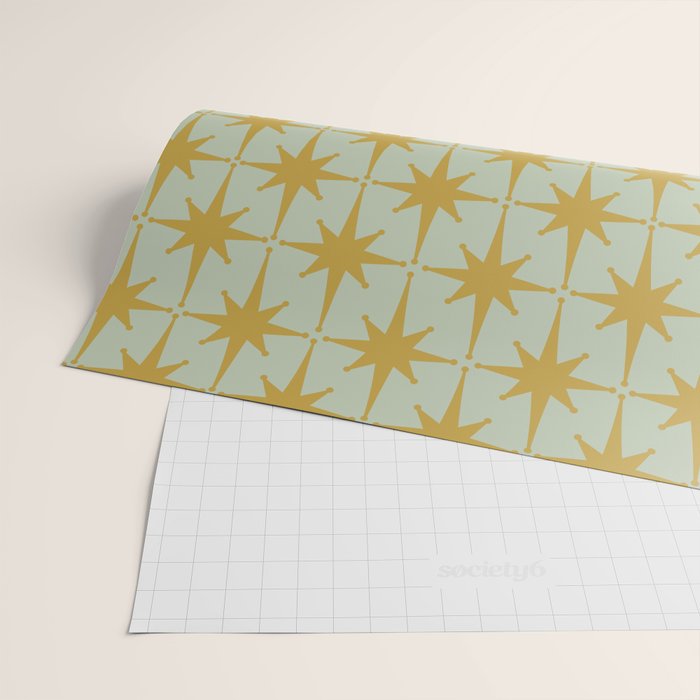 Midcentury Modern Atomic Starburst Pattern in Retro Celadon and Muted Mustard  Wrapping Paper Gallery Image 2