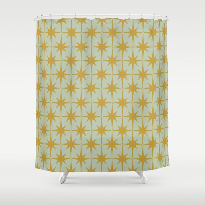 Midcentury Modern Atomic Starburst Pattern in Retro Celadon and Muted Mustard  Shower Curtain Gallery Image 1