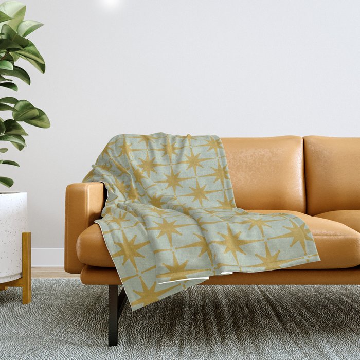 Midcentury Modern Atomic Starburst Pattern in Retro Celadon and Muted Mustard  Throw Blanket Gallery Image 1