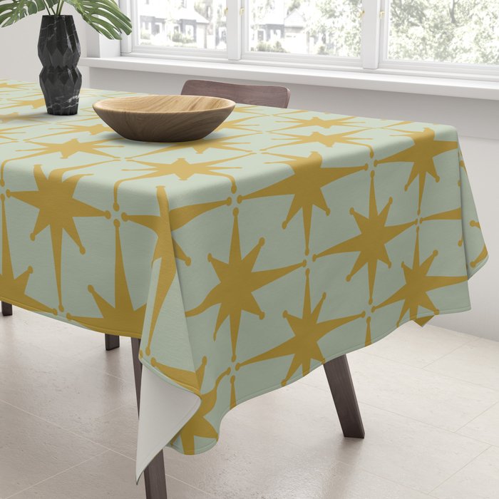 Midcentury Modern Atomic Starburst Pattern in Retro Celadon and Muted Mustard  Tablecloth Gallery Image 3