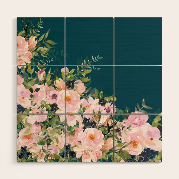 Floral Watercolor Roses, Teal and Pink, Vintage Wood Wall Art Gallery Image 1