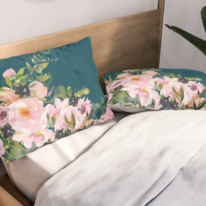 Floral Watercolor Roses, Teal and Pink, Vintage Pillow Sham Gallery Image 2