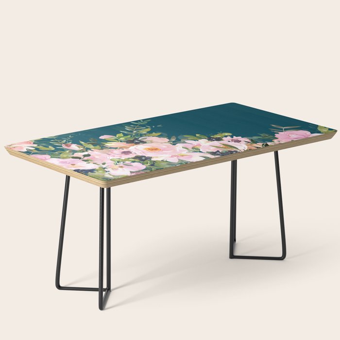 Floral Watercolor Roses, Teal and Pink, Vintage Coffee Table Gallery Image 1