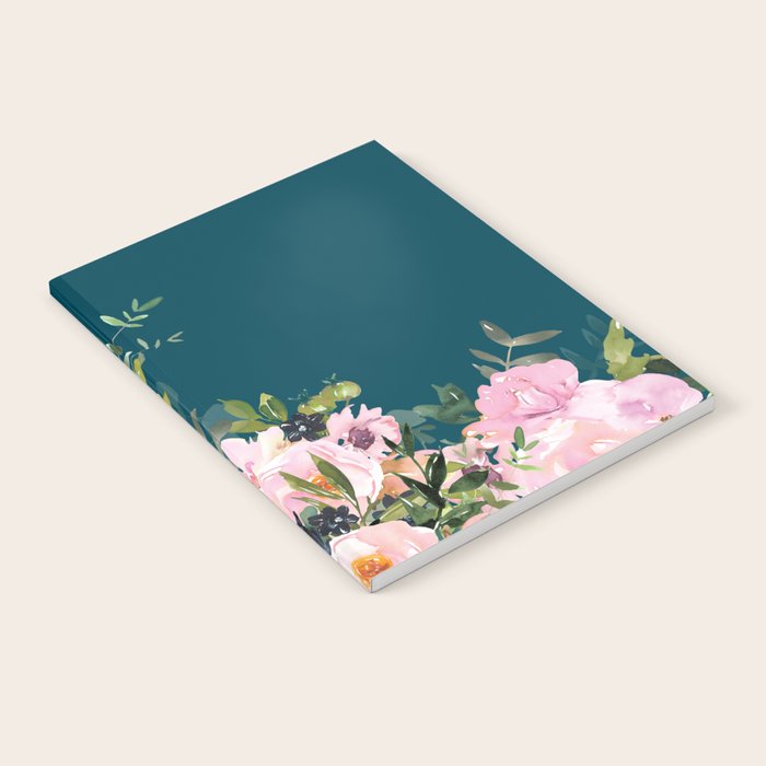 Floral Watercolor Roses, Teal and Pink, Vintage Notebook Gallery Image 2