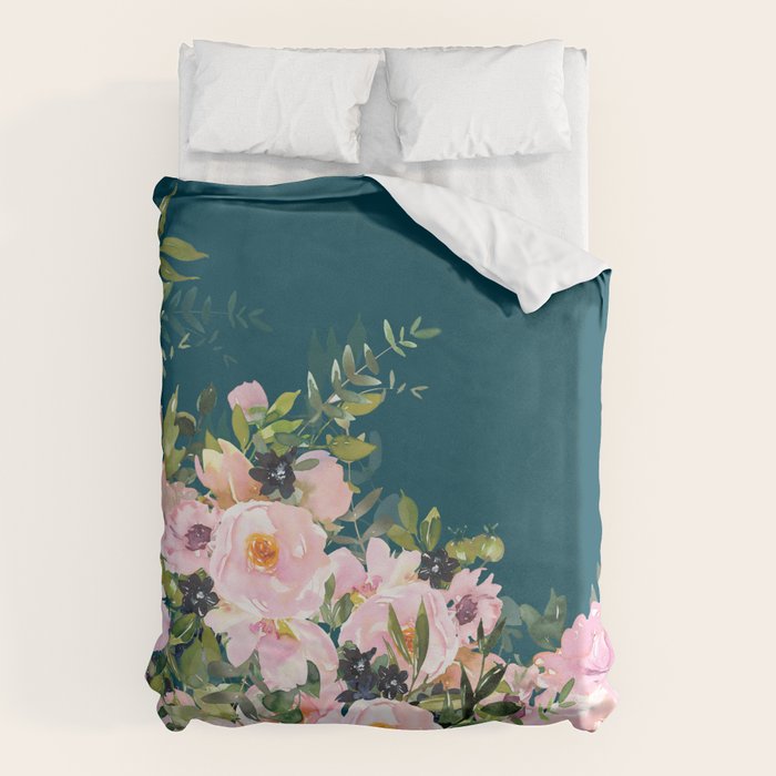 Floral Watercolor Roses, Teal and Pink, Vintage Duvet Cover Gallery Image 6