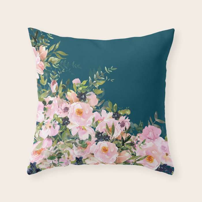 Floral Watercolor Roses, Teal and Pink, Vintage Throw Pillow Gallery Image 6