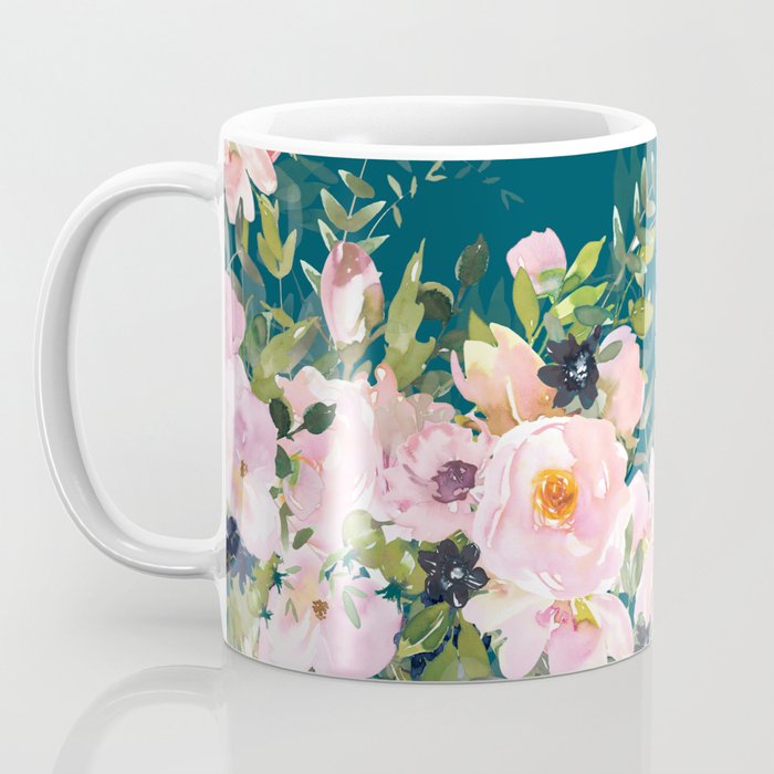 Floral Watercolor Roses, Teal and Pink, Vintage Coffee Mug Gallery Image 3