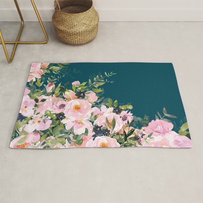 Floral Watercolor Roses, Teal and Pink, Vintage Rug Gallery Image 1