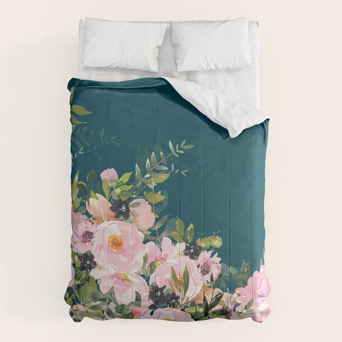 Floral Watercolor Roses, Teal and Pink, Vintage Comforter Gallery Image 1