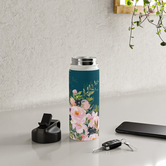 Floral Watercolor Roses, Teal and Pink, Vintage Water Bottle Gallery Image 4