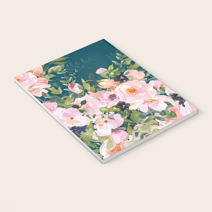 Floral Watercolor Roses, Teal and Pink, Vintage Notebook Gallery Image 3
