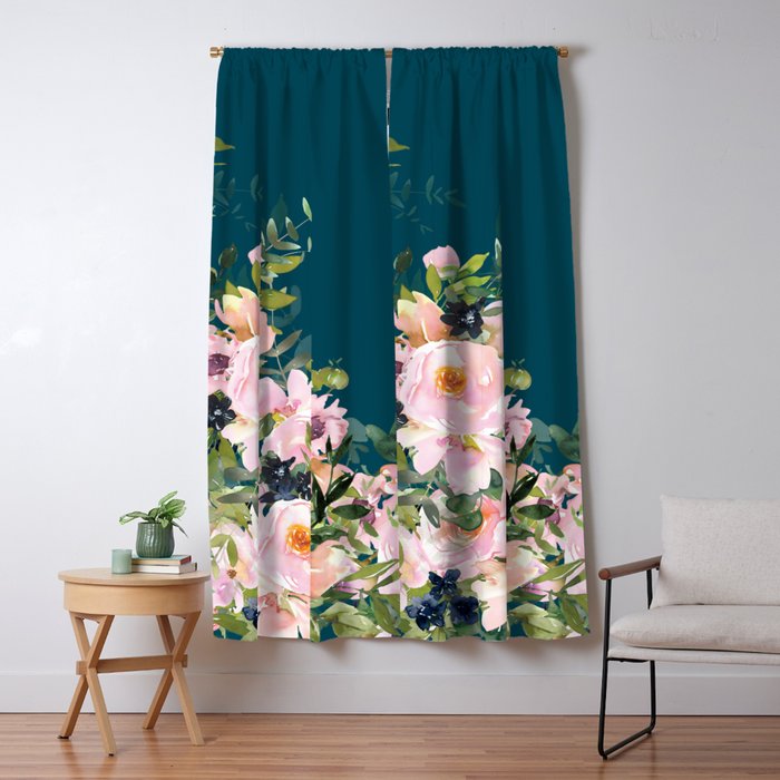 Floral Watercolor Roses, Teal and Pink, Vintage Window Curtain Gallery Image 5