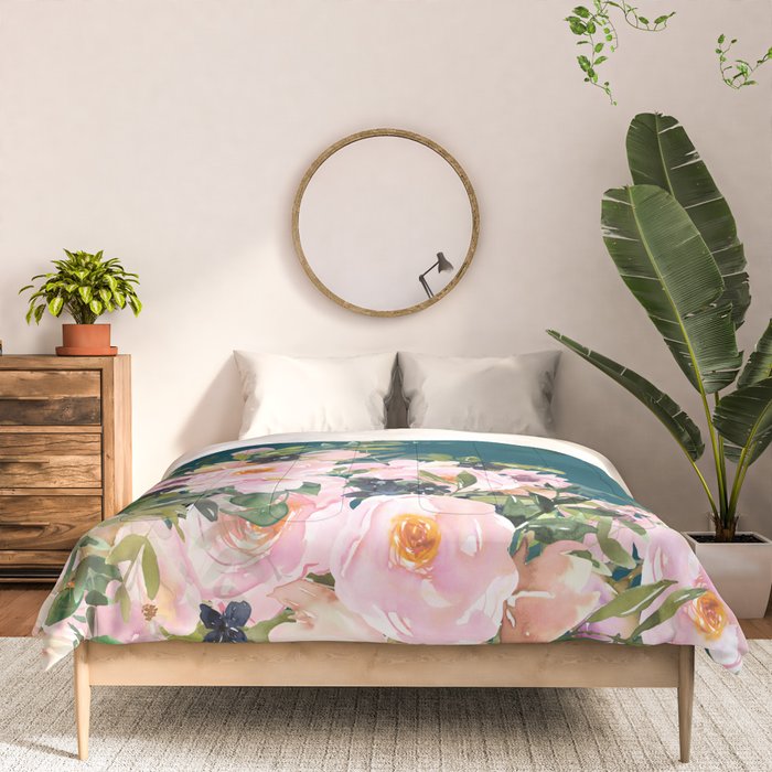 Floral Watercolor Roses, Teal and Pink, Vintage Comforter Gallery Image 3