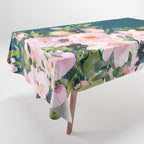 Floral Watercolor Roses, Teal and Pink, Vintage Tablecloth Gallery Image 1