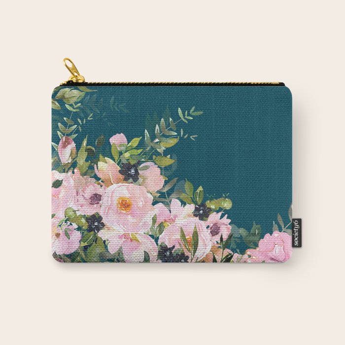 Floral Watercolor Roses, Teal and Pink, Vintage Carry All Pouch Gallery Image 1