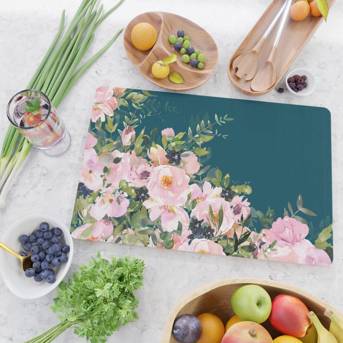 Floral Watercolor Roses, Teal and Pink, Vintage Cutting Board Gallery Image 2