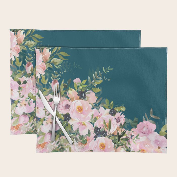 Floral Watercolor Roses, Teal and Pink, Vintage Placemat Gallery Image 1
