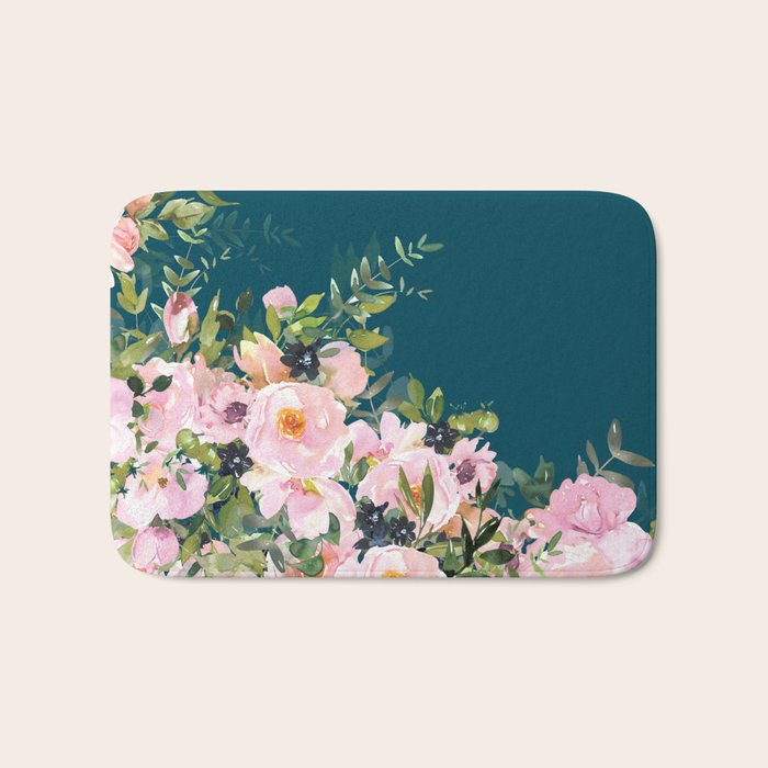 Floral Watercolor Roses, Teal and Pink, Vintage Bath Mat Gallery Image 1