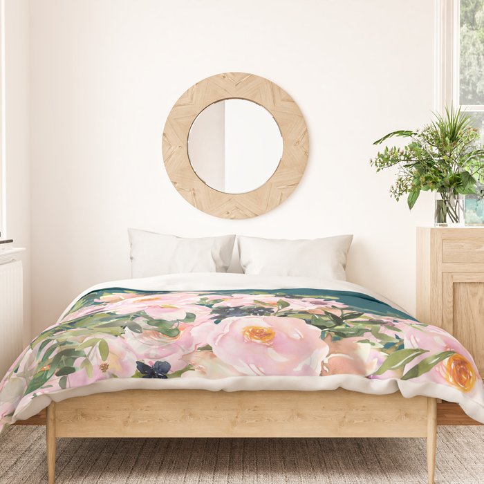 Floral Watercolor Roses, Teal and Pink, Vintage Duvet Cover Gallery Image 3