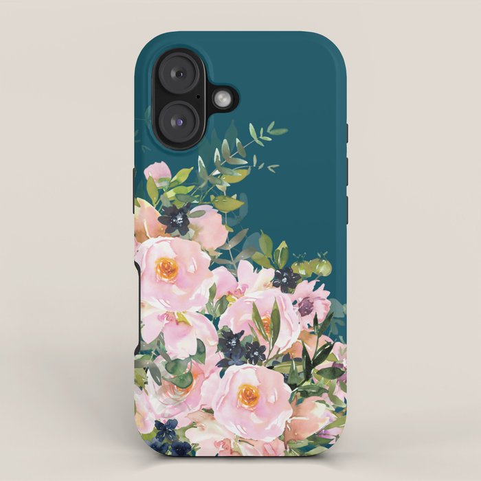 Floral Watercolor Roses, Teal and Pink, Vintage iPhone Case Gallery Image 1