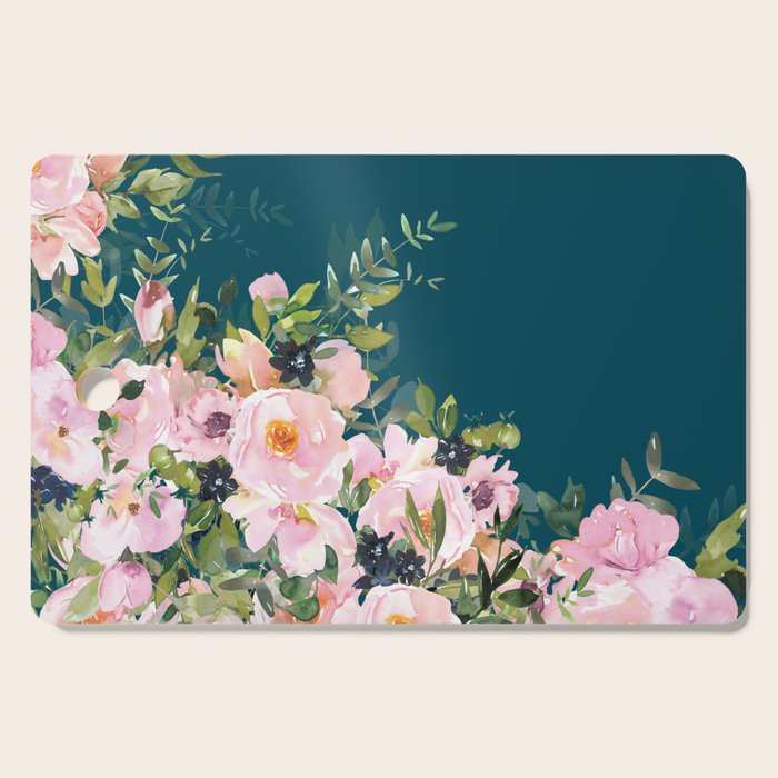 Floral Watercolor Roses, Teal and Pink, Vintage Cutting Board Gallery Image 1