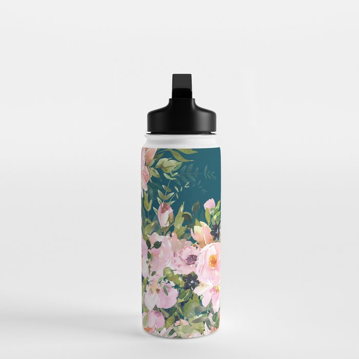 Floral Watercolor Roses, Teal and Pink, Vintage Water Bottle Gallery Image 3