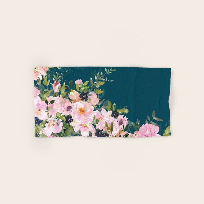 Floral Watercolor Roses, Teal and Pink, Vintage Bath Towel Gallery Image 1