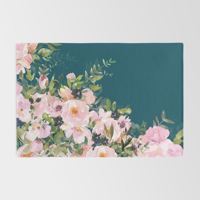 Floral Watercolor Roses, Teal and Pink, Vintage Rug Gallery Image 2