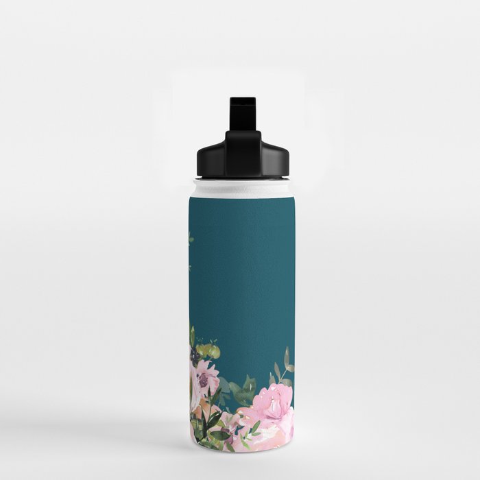 Floral Watercolor Roses, Teal and Pink, Vintage Water Bottle Gallery Image 2