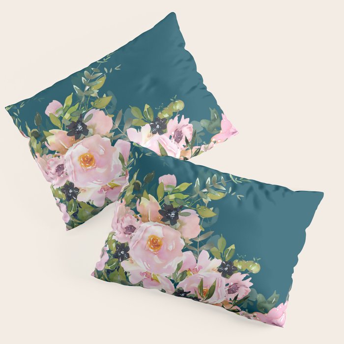 Floral Watercolor Roses, Teal and Pink, Vintage Pillow Sham Gallery Image 1