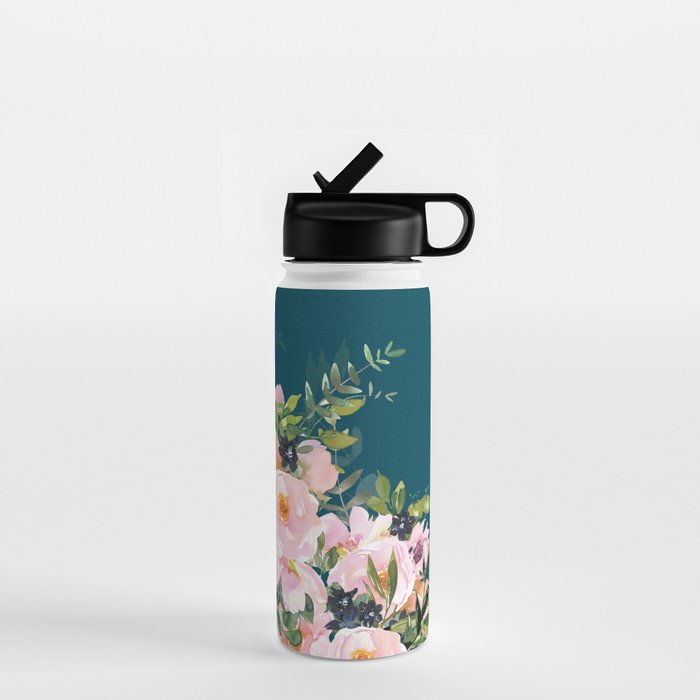 Floral Watercolor Roses, Teal and Pink, Vintage Water Bottle Gallery Image 1
