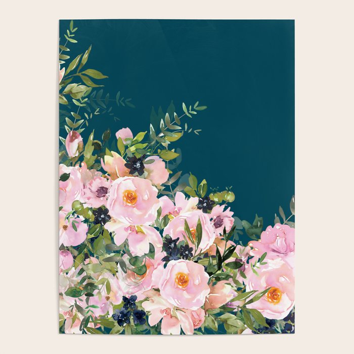 Floral Watercolor Roses, Teal and Pink, Vintage Poster Gallery Image 4